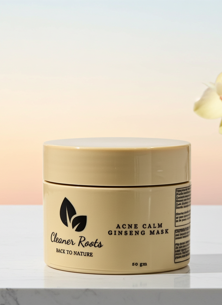 Beige jar of 'Acne Calm Ginseng Mask' by 'Cleaner Roots' on a light background