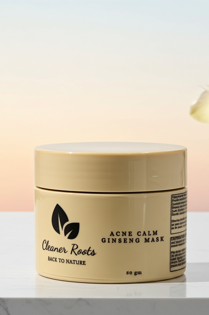 Beige jar of 'Acne Calm Ginseng Mask' by 'Cleaner Roots' on a light background