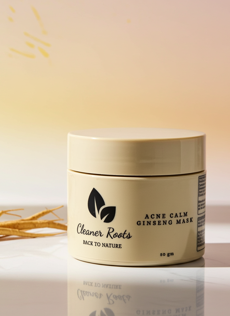 Jar of 'Acne Calm Ginseng Mask' by 'Cleaner Roots' on a reflective surface with a blurred natural background.