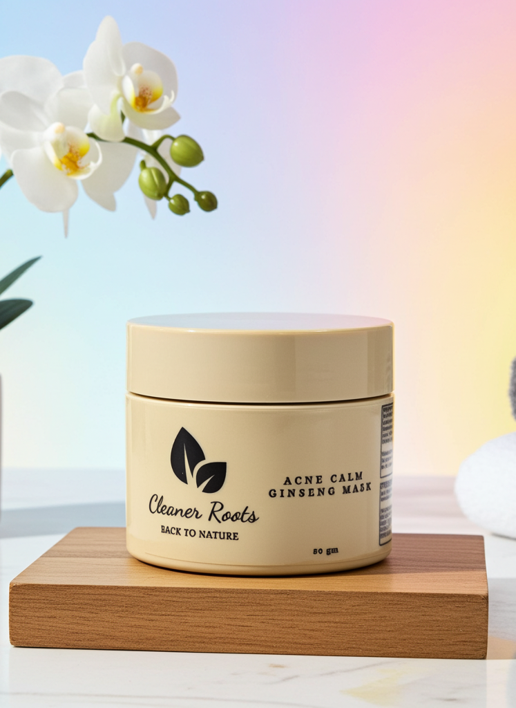 Cosmetic jar labeled 'Cleaner Roots' on a wooden block with flowers and towels in the background