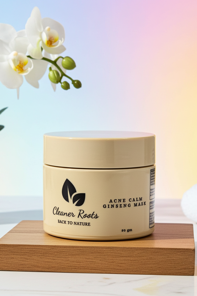 Cosmetic jar labeled 'Cleaner Roots' on a wooden block with flowers and towels in the background