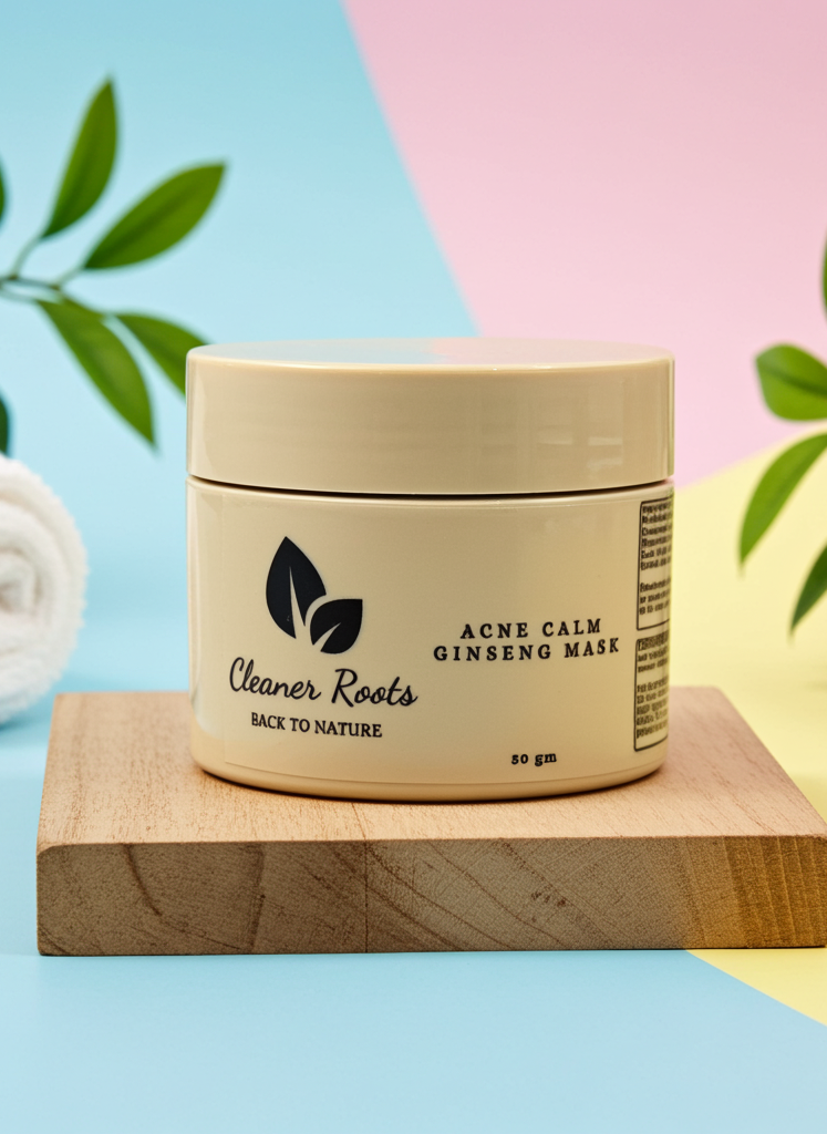Cosmetic jar labeled 'Cleaner Roots' on a wooden block with a colorful background