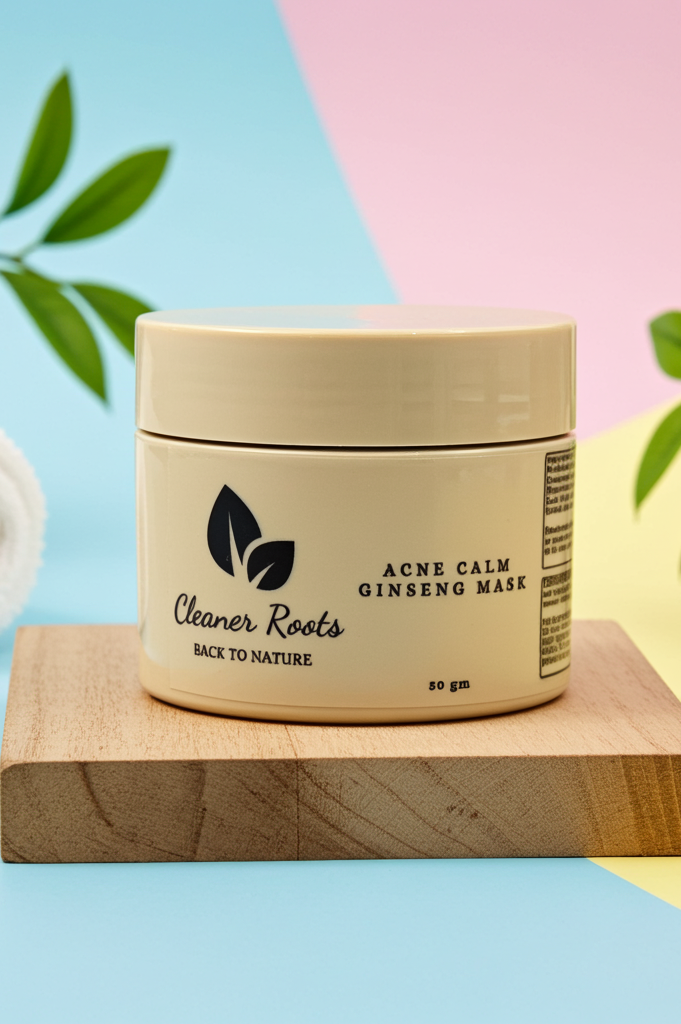 Cosmetic jar labeled 'Cleaner Roots' on a wooden block with a colorful background