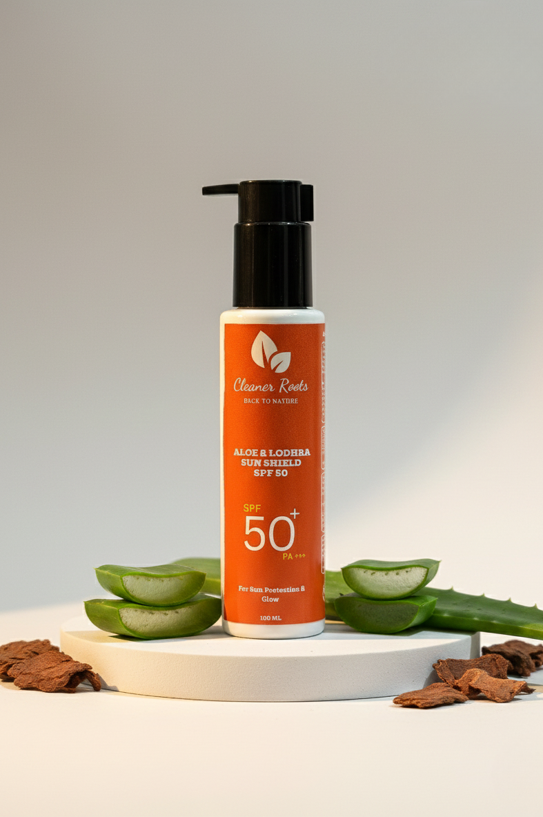 Sunscreen bottle with aloe vera leaves on a light background