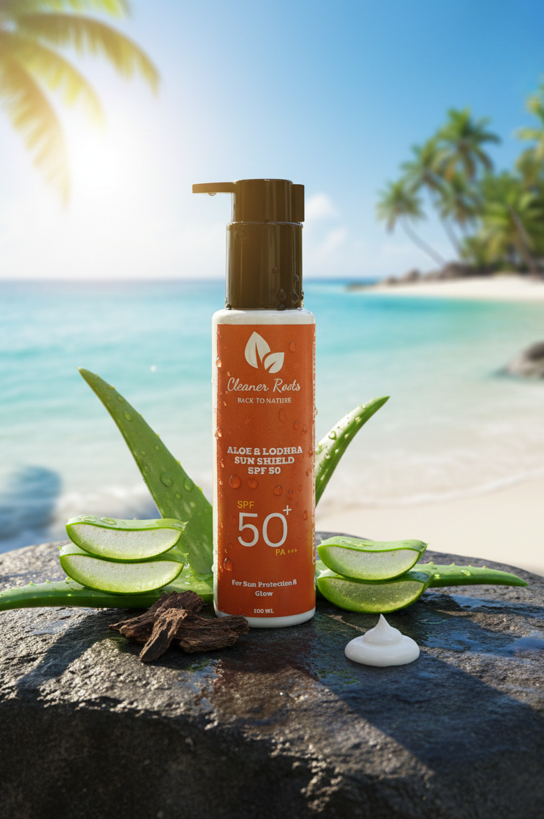 Sunscreen bottle with aloe vera leaves on a beach setting