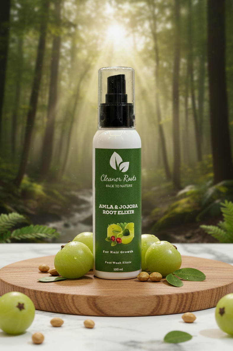 Bottle of 'Cleaner Roots' body elixir with green fruits on a wooden board in a forest setting