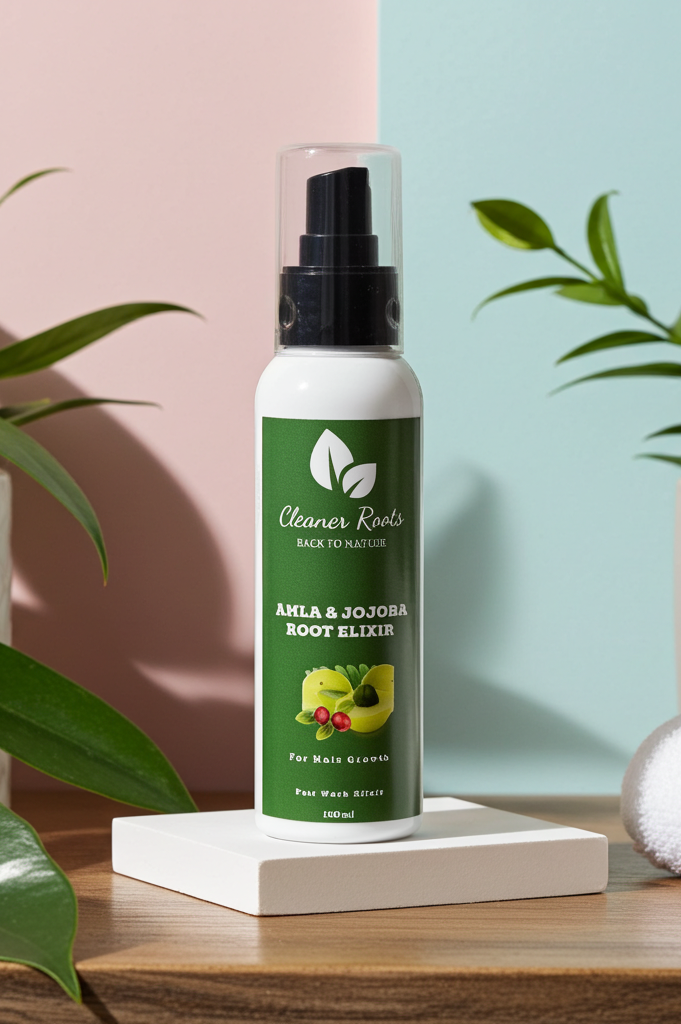 Bottle of 'Cleaner Roots' elixir on a wooden surface with plants and towels in the background.