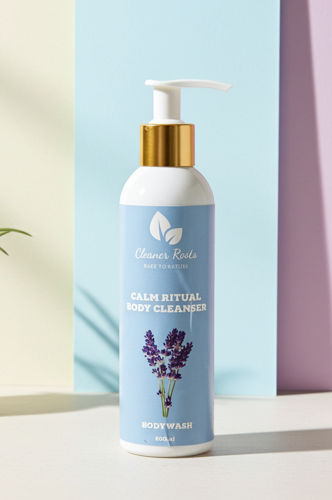 Body wash bottle with lavender design on a neutral background