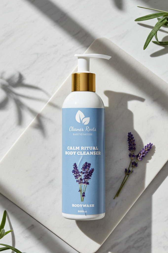 Body cleanser bottle with lavender design on a white surface with green leaves.
