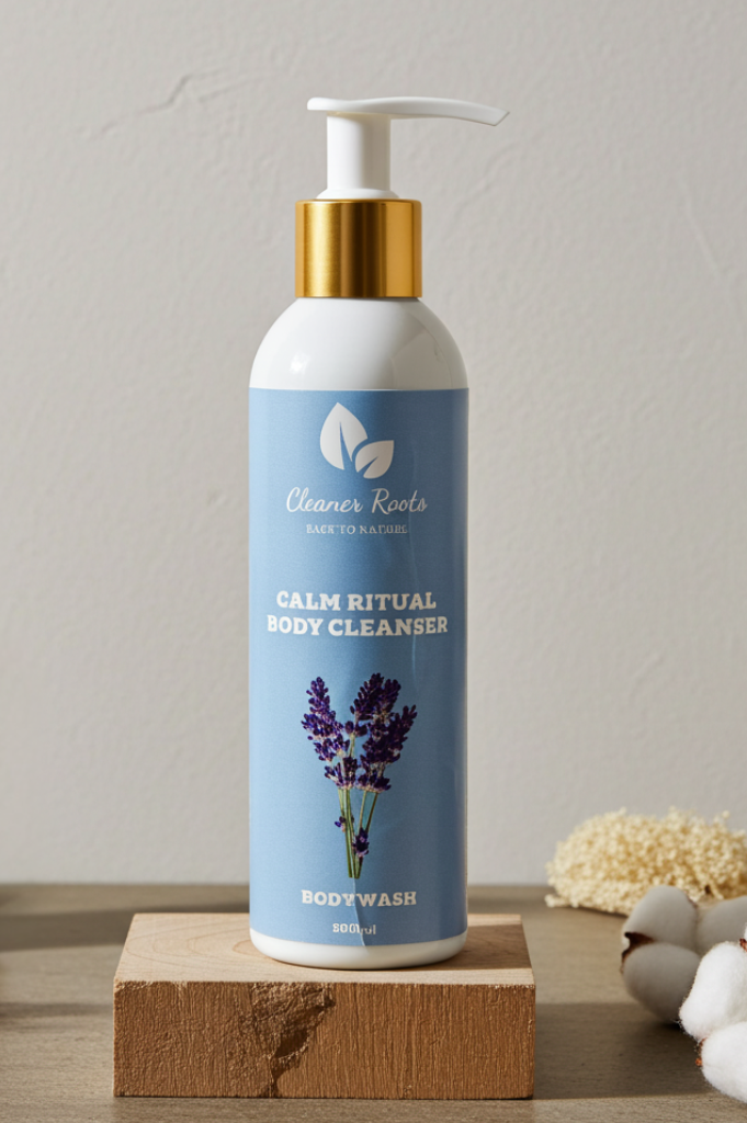 Body cleanser bottle with a blue label on a wooden block against a neutral background