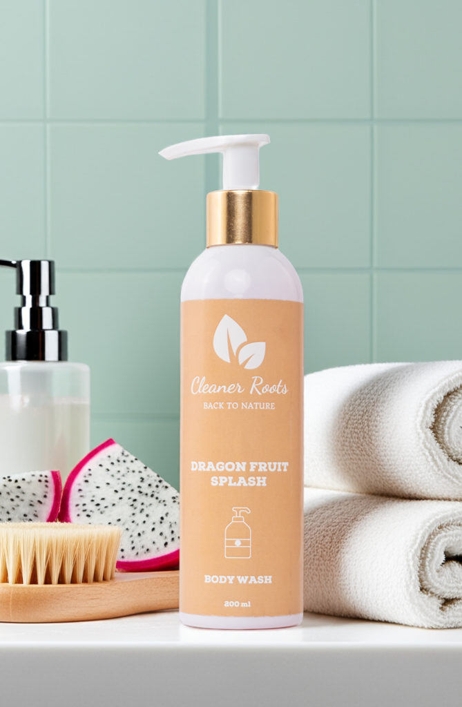 Cleaner Roots Dragon Fruit Splash Body Wash in bathroom setup with towels, brush, and fresh dragon fruit - Ayurvedic body wash, hydrating body wash