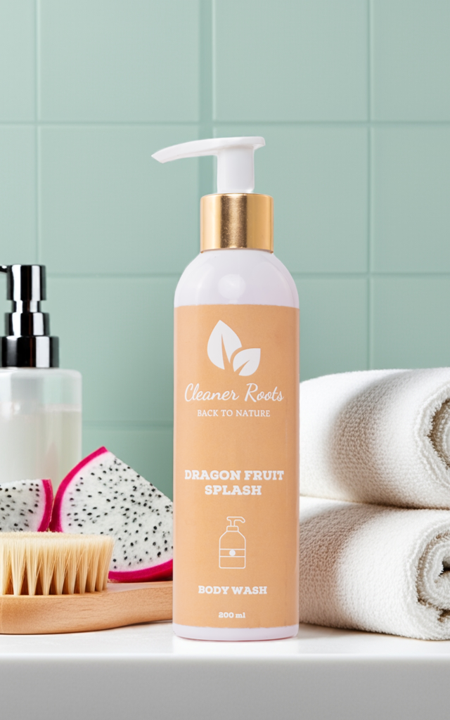 Cleaner Roots Dragon Fruit Splash Body Wash in bathroom setup with towels, brush, and fresh dragon fruit - Ayurvedic body wash, hydrating body wash