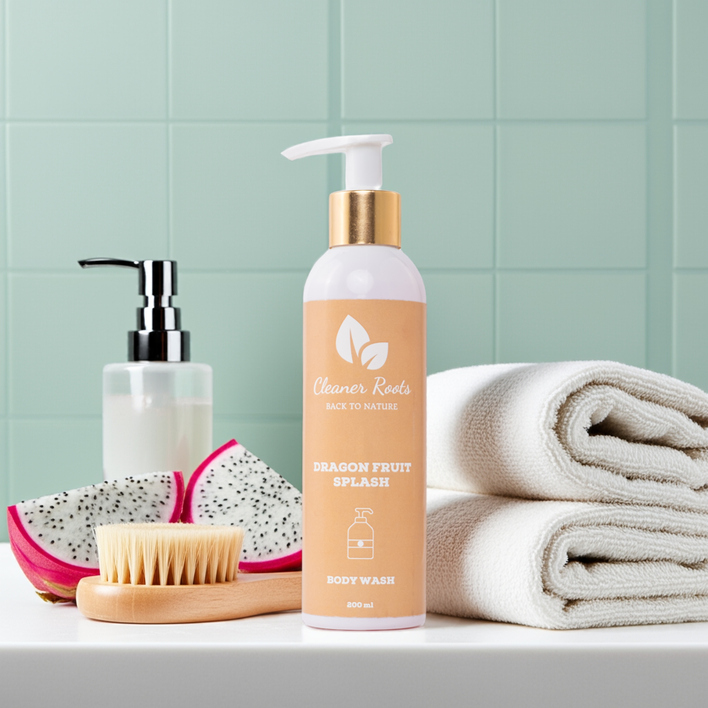 Cleaner Roots Dragon Fruit Splash Body Wash in bathroom setup with towels, brush, and fresh dragon fruit - Ayurvedic body wash, hydrating body wash
