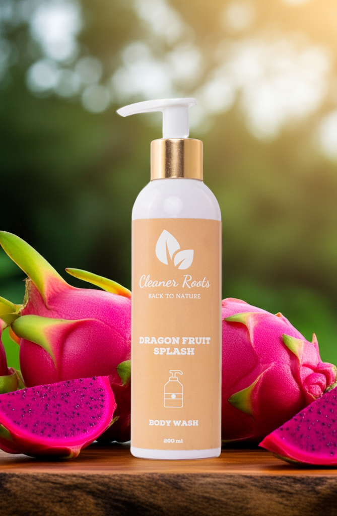 Cleaner Roots Dragon Fruit Splash Body Wash with fresh red dragon fruit on wooden surface - refreshing body wash, moisturizing body wash, cools irritation on skin for daily use