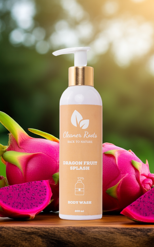 Cleaner Roots Dragon Fruit Splash Body Wash with fresh red dragon fruit on wooden surface - refreshing body wash, moisturizing body wash, cools irritation on skin for daily use