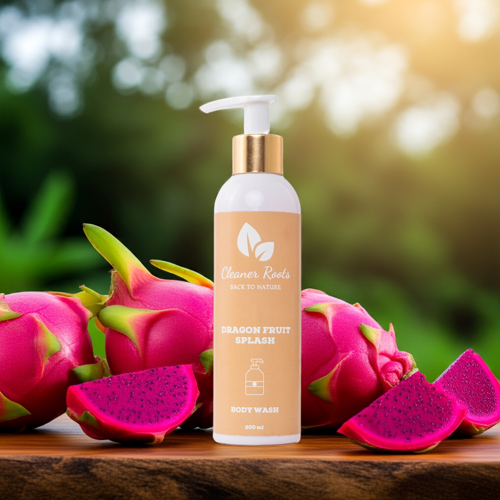 Cleaner Roots Dragon Fruit Splash Body Wash with fresh red dragon fruit on wooden surface - refreshing body wash, moisturizing body wash, cools irritation on skin for daily use