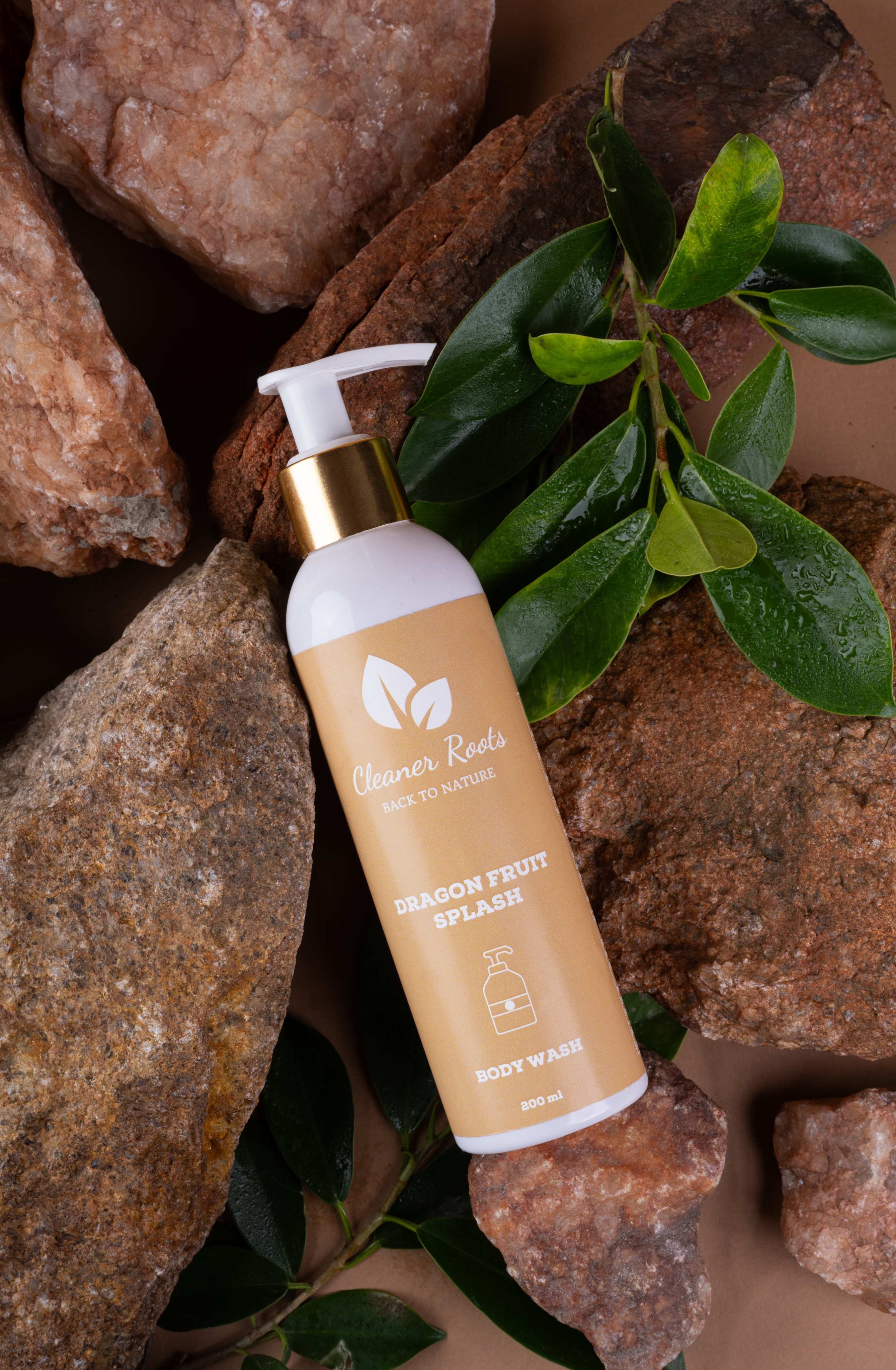 Cleaner Roots Dragon Fruit Splash Body Wash bottle with natural stones - natural body wash, Ayurvedic body wash