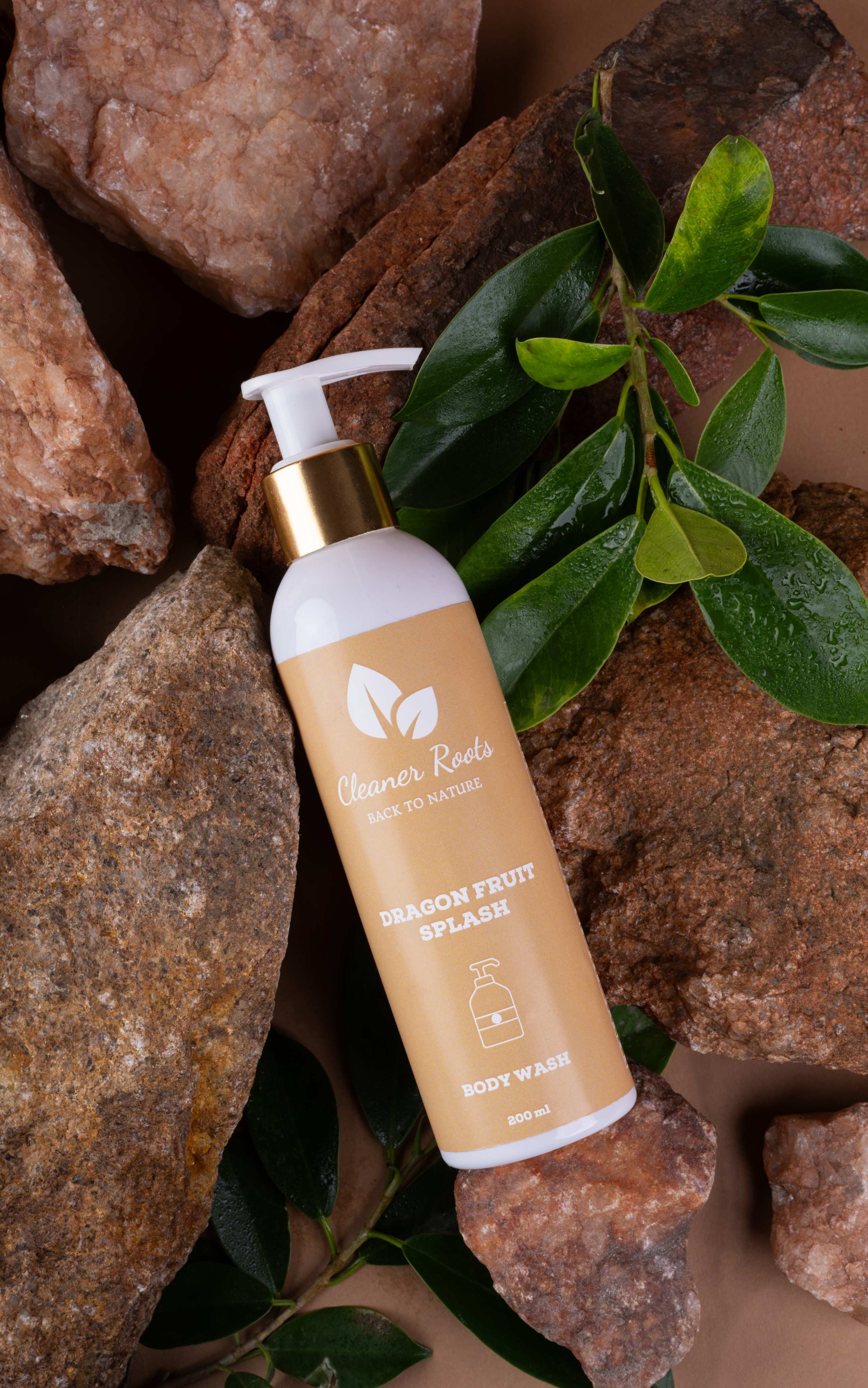 Cleaner Roots Dragon Fruit Splash Body Wash bottle with natural stones - natural body wash, Ayurvedic body wash