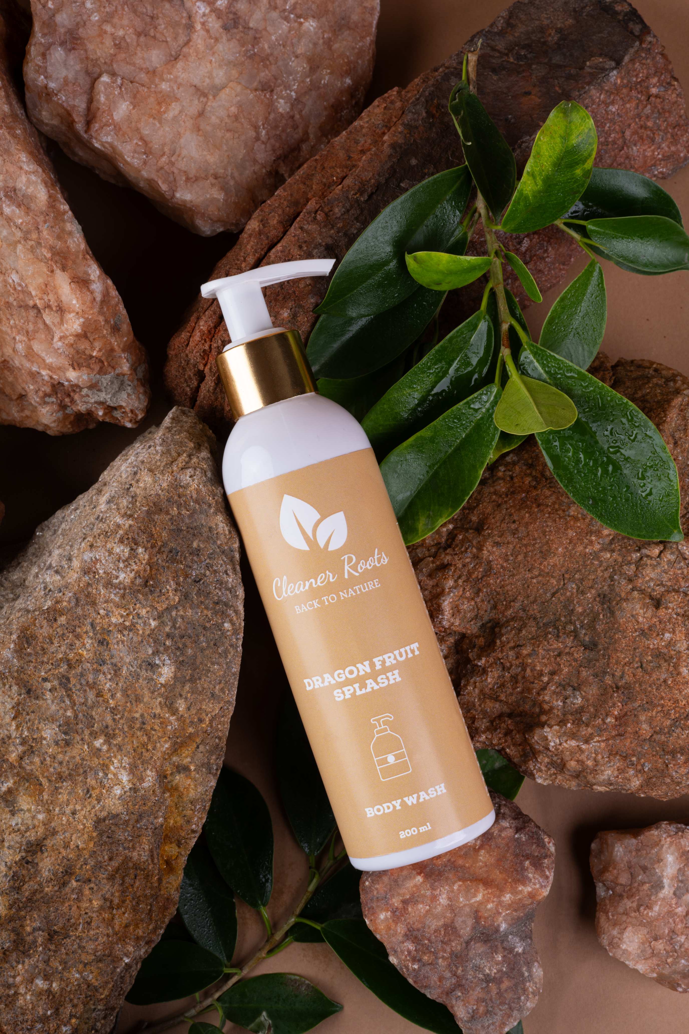 Cleaner Roots Dragon Fruit Splash Body Wash bottle with natural stones - natural body wash, Ayurvedic body wash