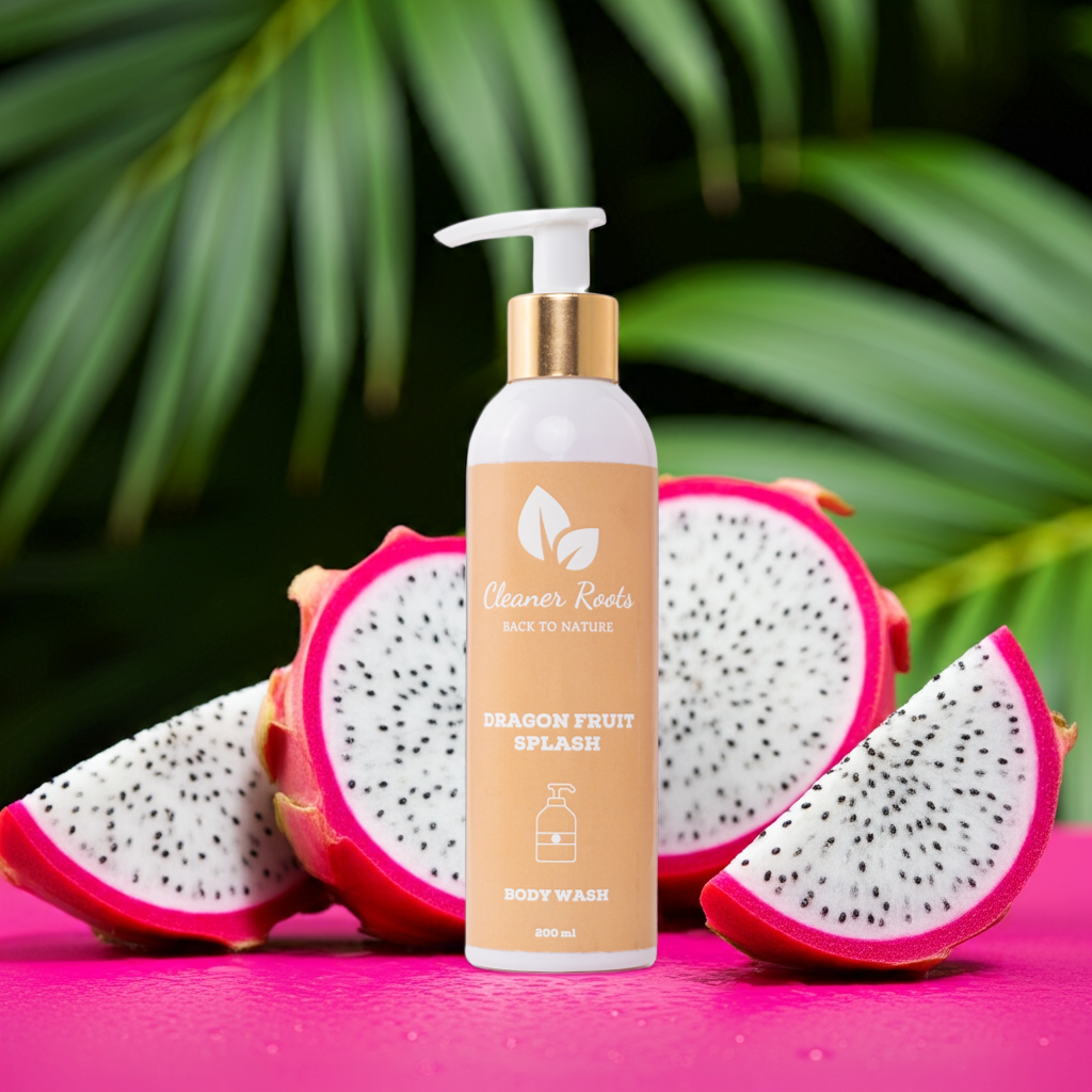 Cleaner Roots Dragon Fruit Splash Body Wash with fresh white dragon fruit on pink background - sulfate-free body wash, gentle on skin, lightens dullness
