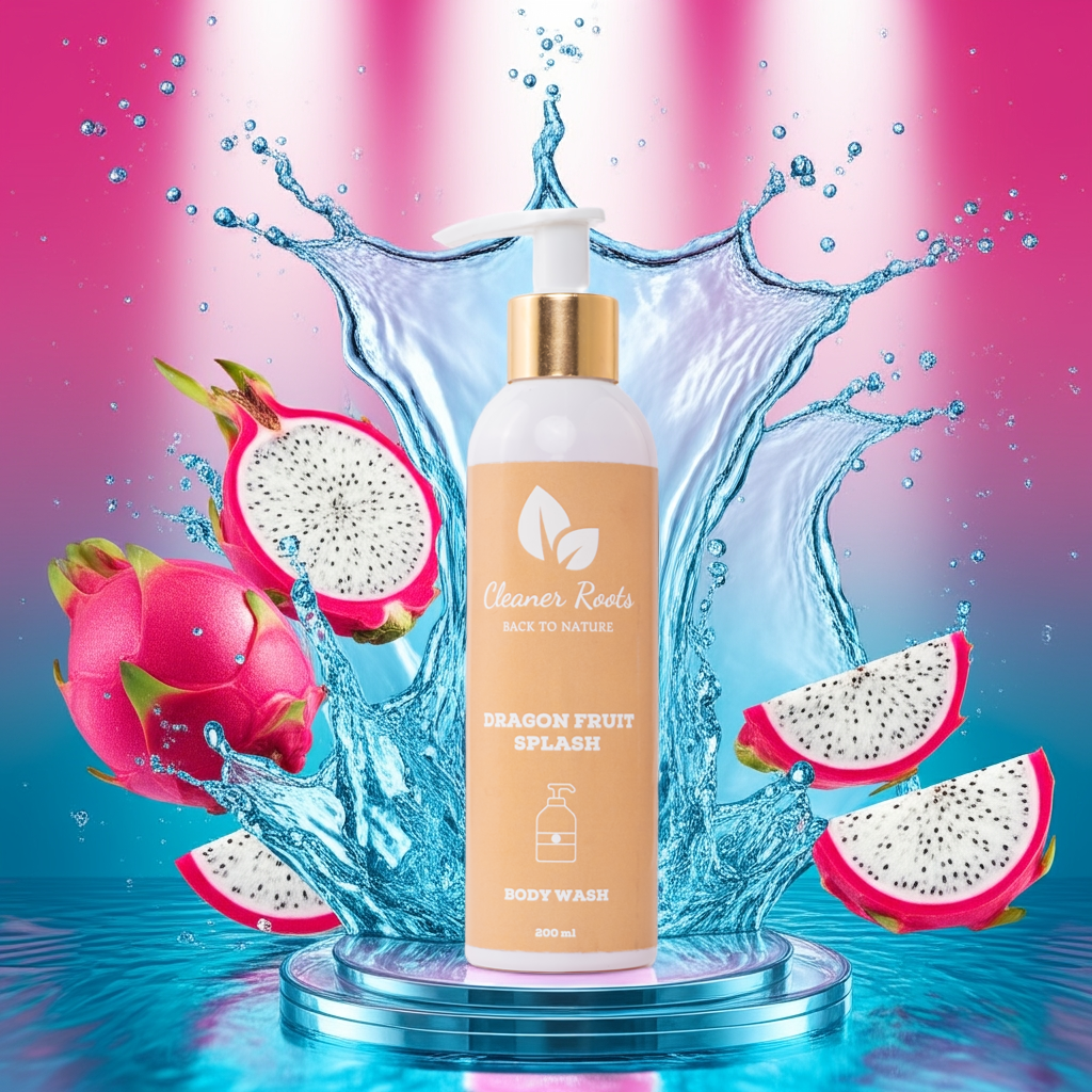 Cleaner Roots Dragon Fruit Splash Body Wash with vibrant splash and fresh dragon fruit - rich in antioxidants for detox & glowing Skin