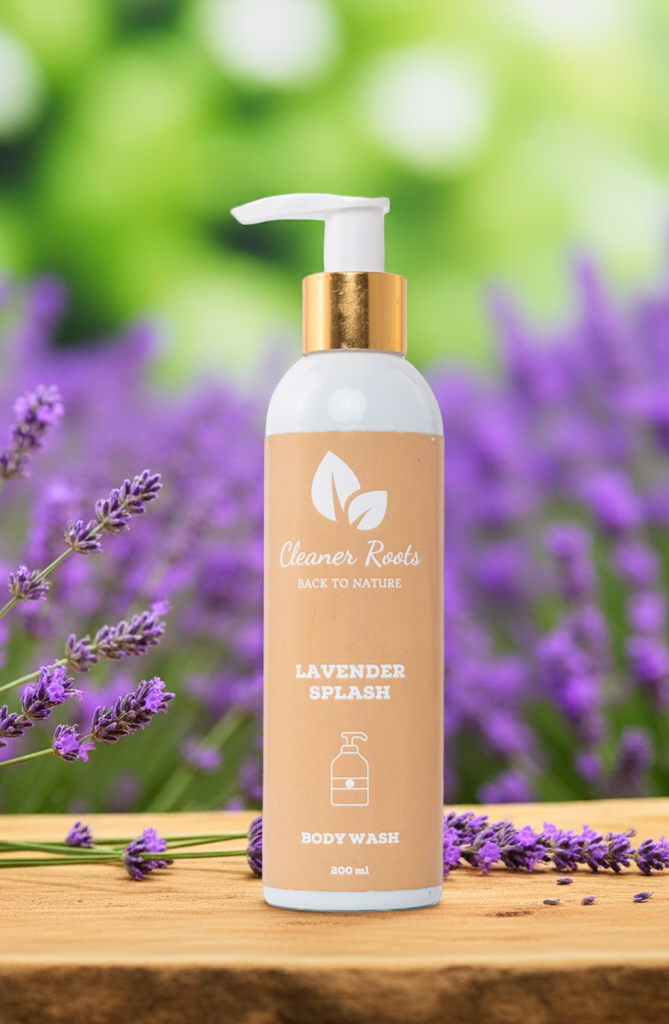 Cleaner Roots lavender body wash, gentle, sulphate-free cleansing in natural background with lavender flowers in a field