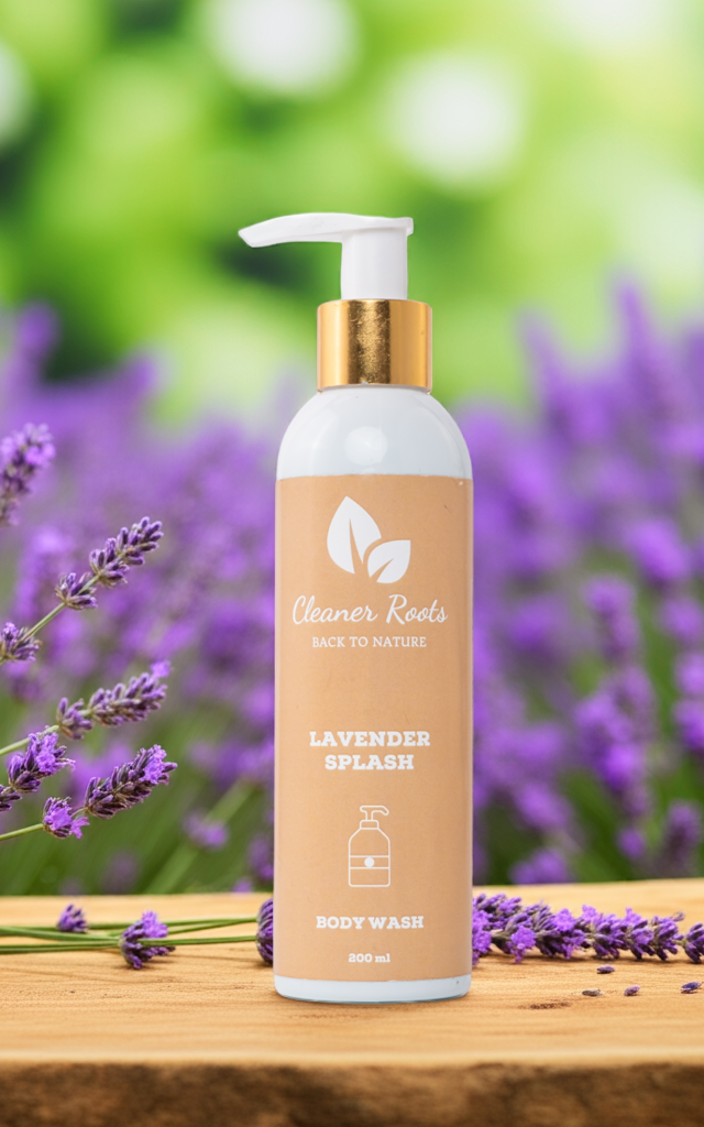 Cleaner Roots lavender body wash, gentle, sulphate-free cleansing in natural background with lavender flowers in a field