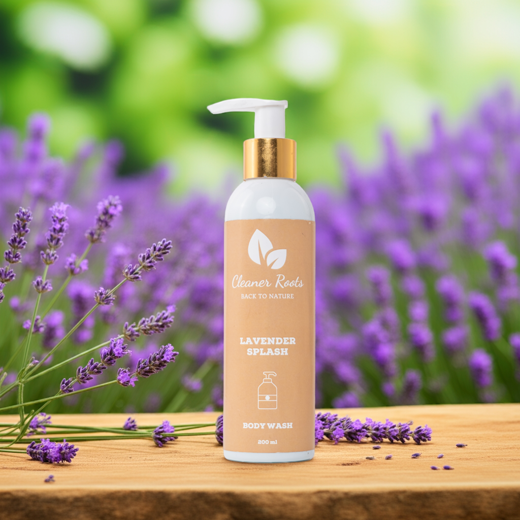 Cleaner Roots lavender body wash, gentle, sulphate-free cleansing in natural background with lavender flowers in a field