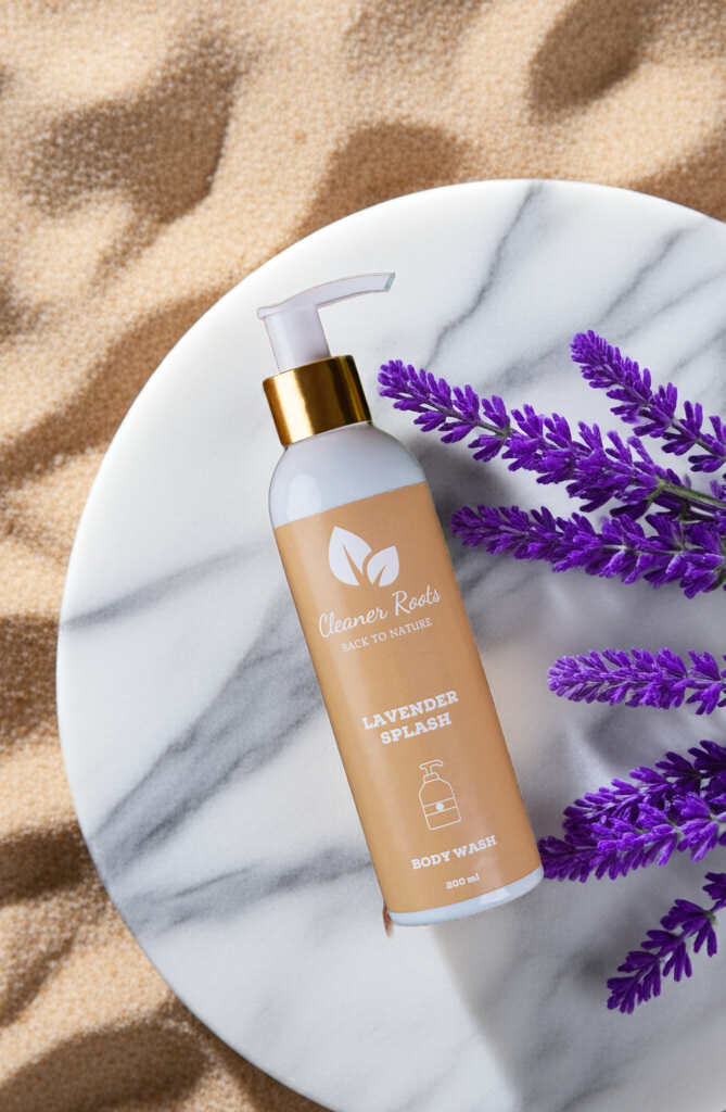 Cleaner Roots Lavender Splash Body Wash deep hydration body cleanser on natural stone background with natural lavender.
