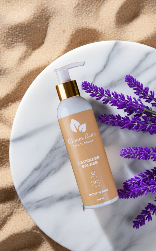 Cleaner Roots Lavender Splash Body Wash deep hydration body cleanser on natural stone background with natural lavender.