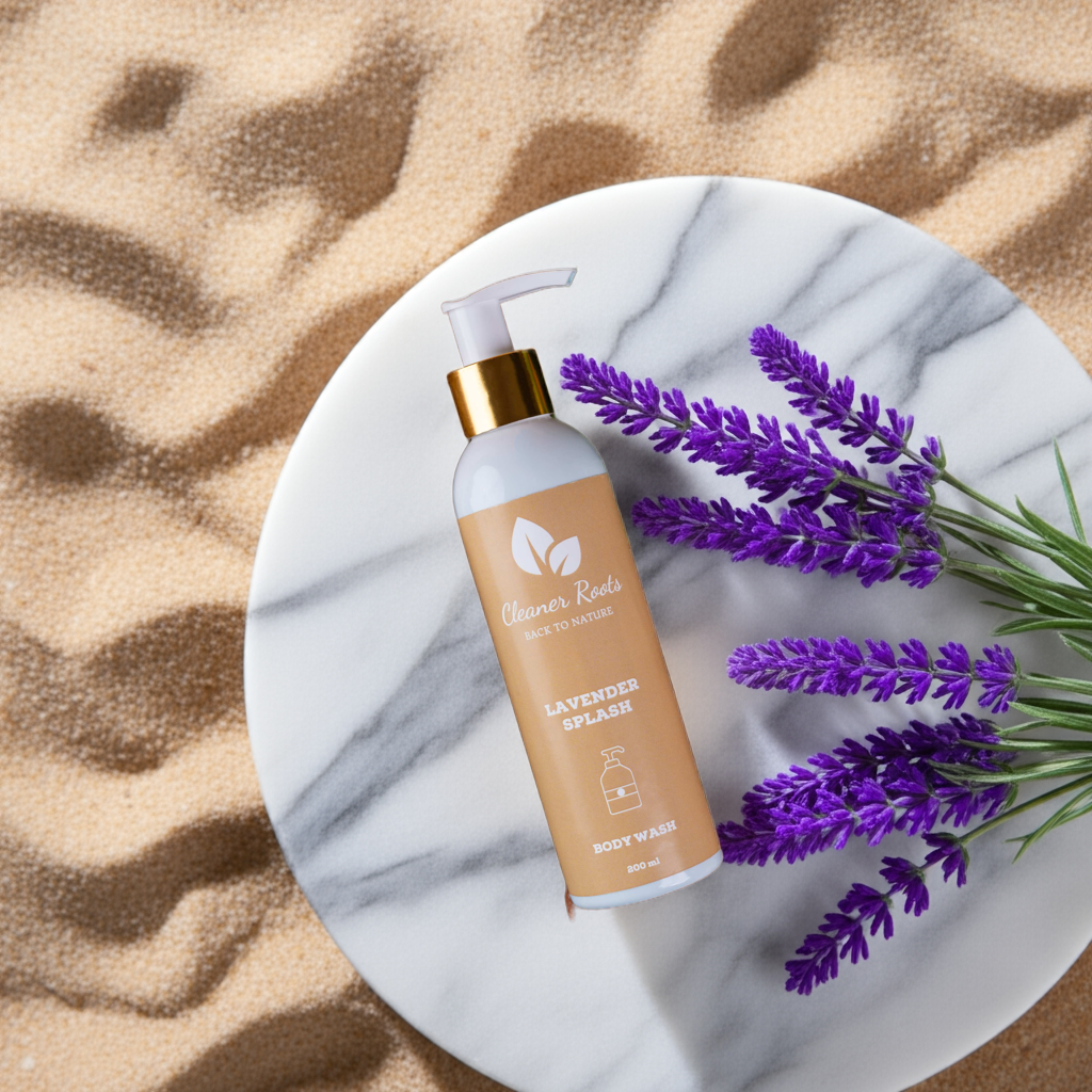 Cleaner Roots Lavender Splash Body Wash deep hydration body cleanser on natural stone background with natural lavender.