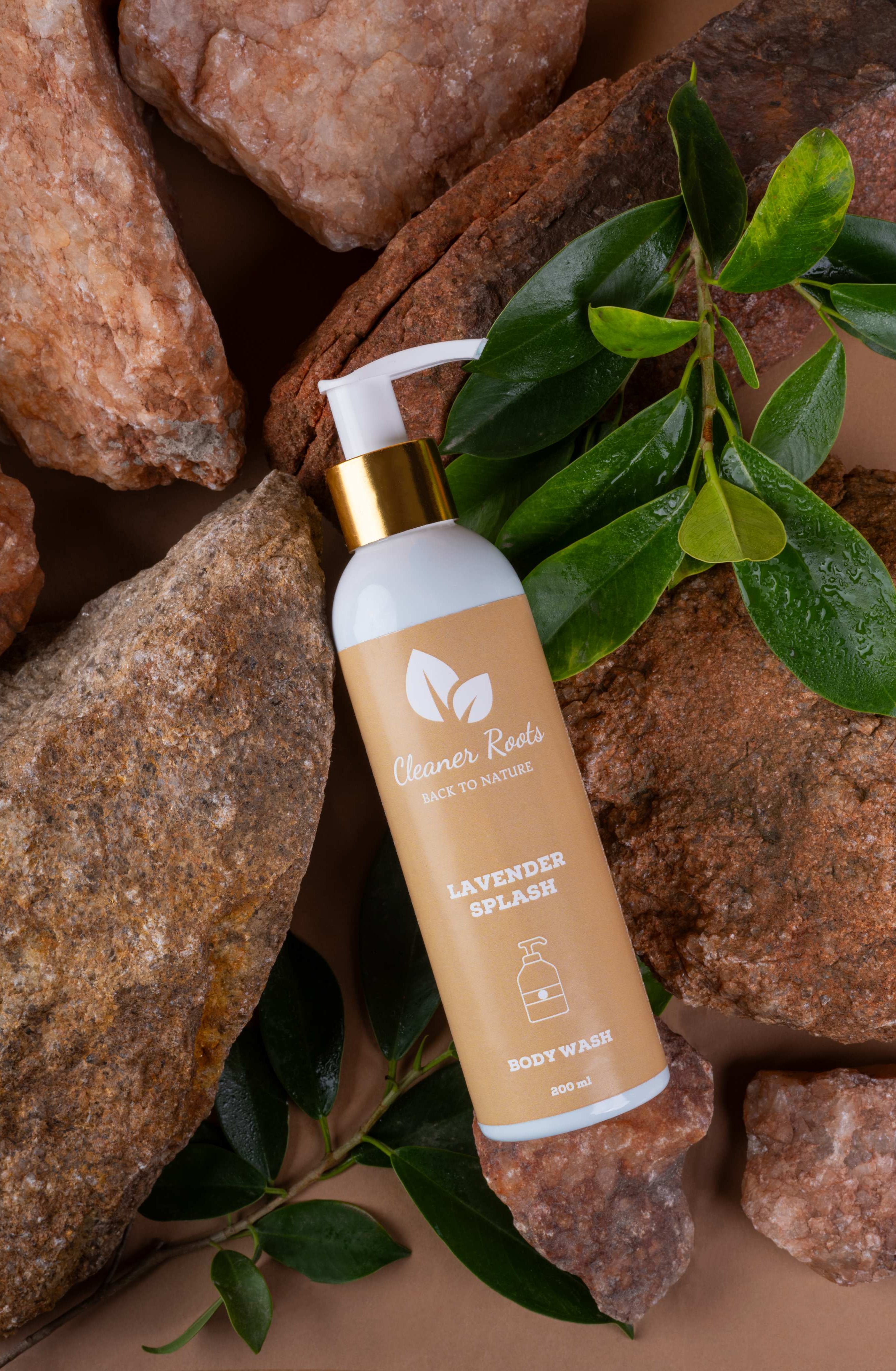 Cleaner Roots Lavender Splash Body Wash on natural background