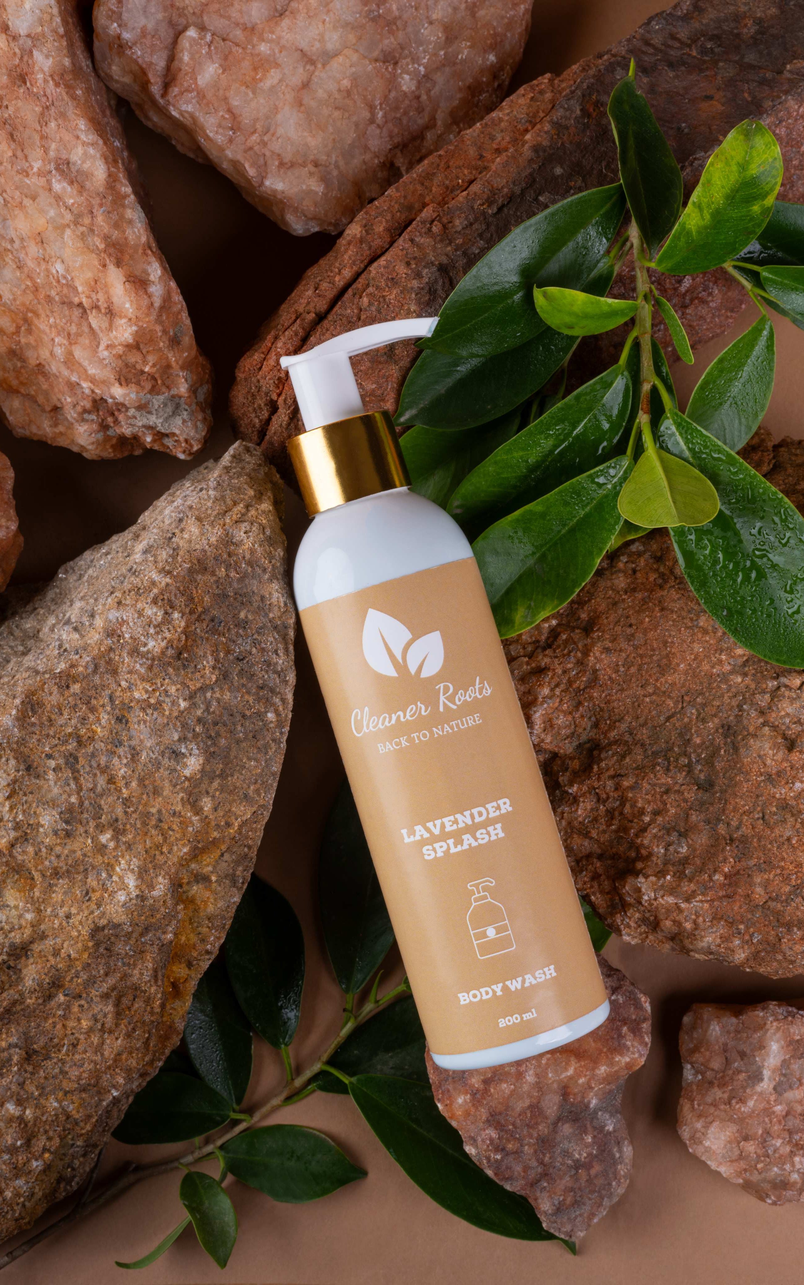 Cleaner Roots Lavender Splash Body Wash on natural background