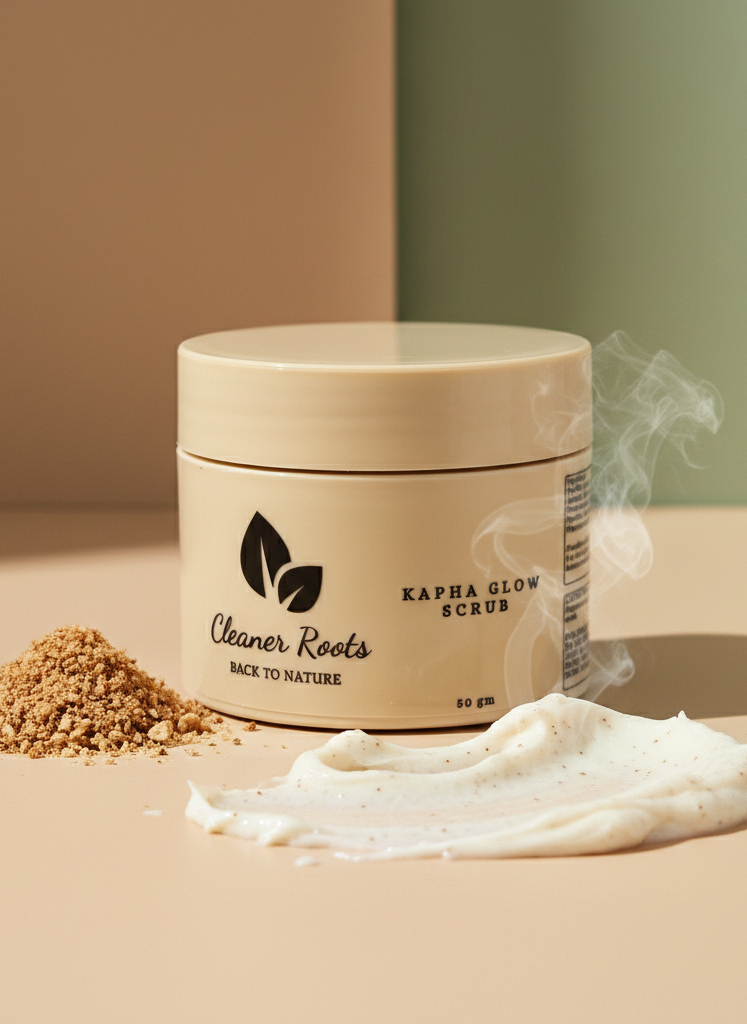 Jar of 'Kapha Glow Scrub' by 'Cleaner Roots' with scrub ingredients on a beige surface.