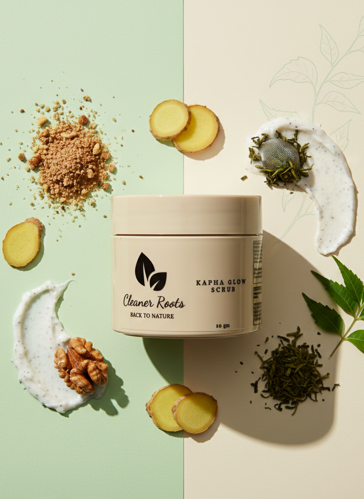 Cosmetic jar labeled 'Cleaner Roots' surrounded by natural ingredients on a split green and beige background