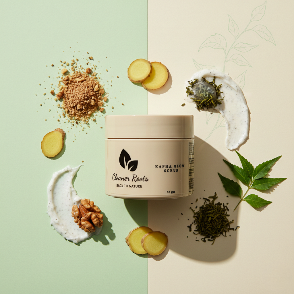 Cosmetic jar labeled 'Cleaner Roots' surrounded by natural ingredients on a split green and beige background