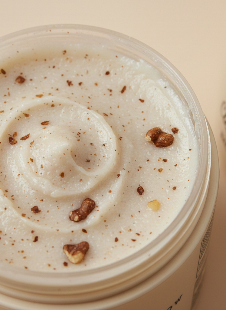 Close-up of a jar of cream with visible nuts on a beige background