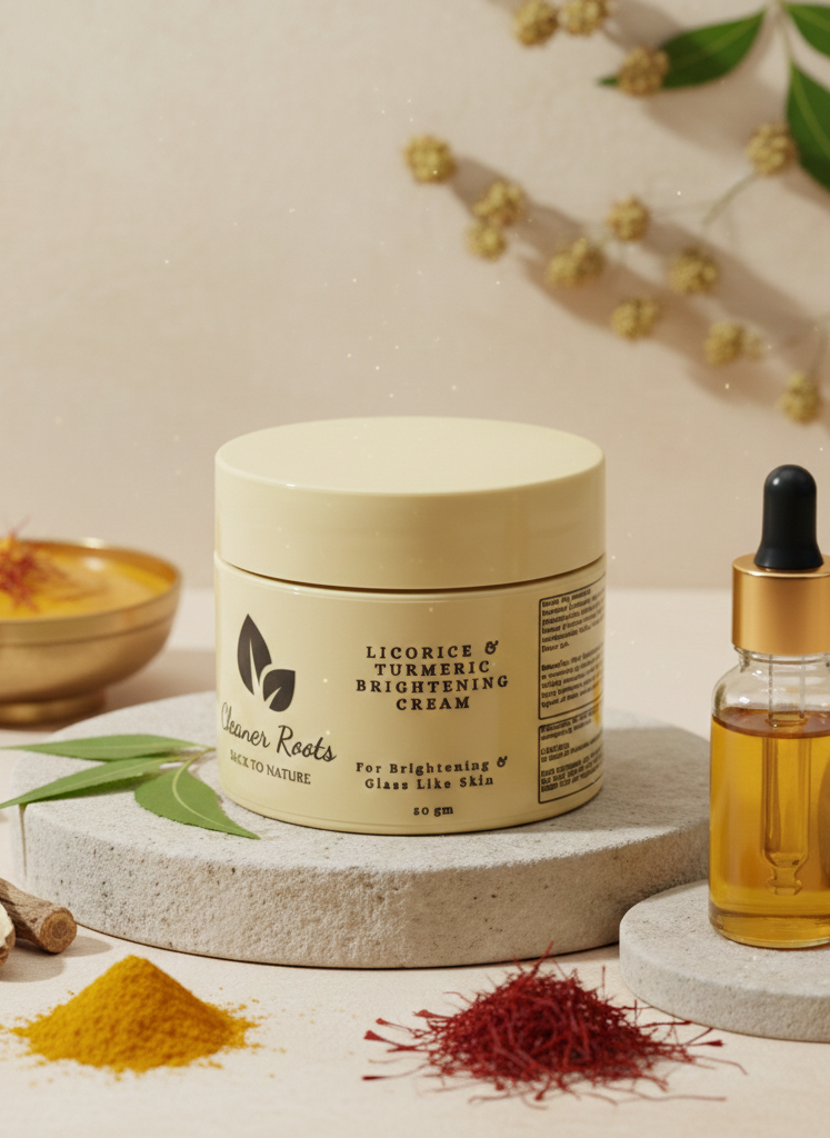 Jar of licorice and olive brightening cream with a dropper bottle on a natural background