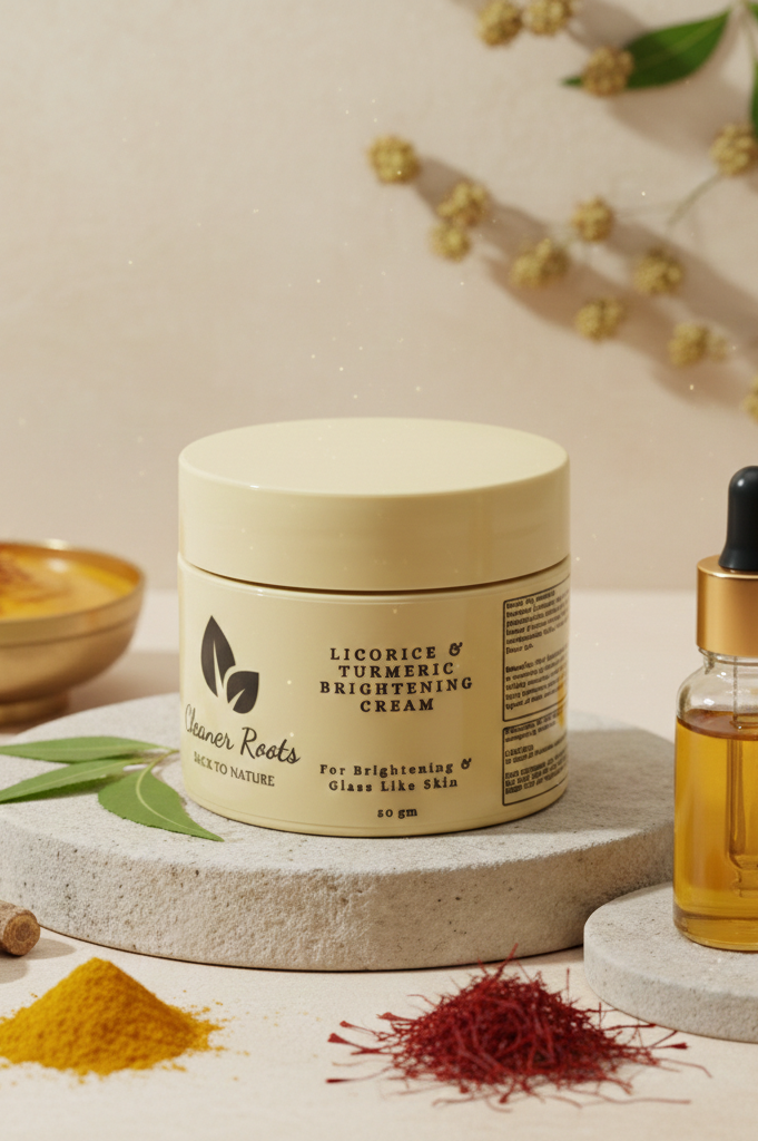 Jar of licorice and olive brightening cream with a dropper bottle on a natural background