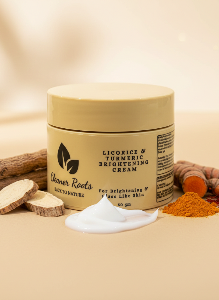 Jar of Licorice & Turmeric Brightening Cream with ingredients on a beige background