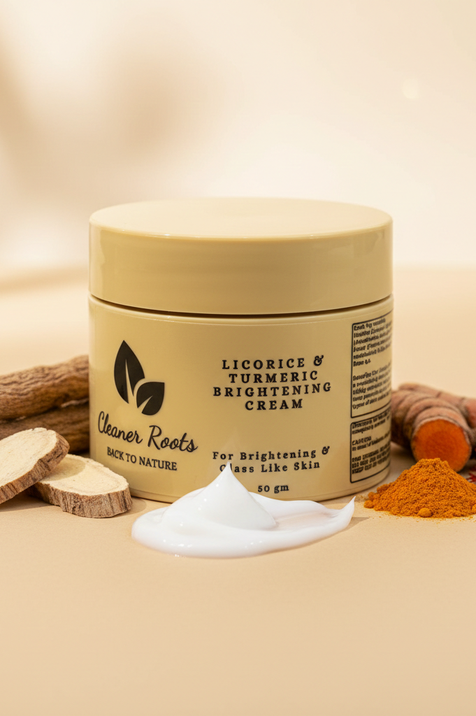 Jar of Licorice & Turmeric Brightening Cream with ingredients on a beige background