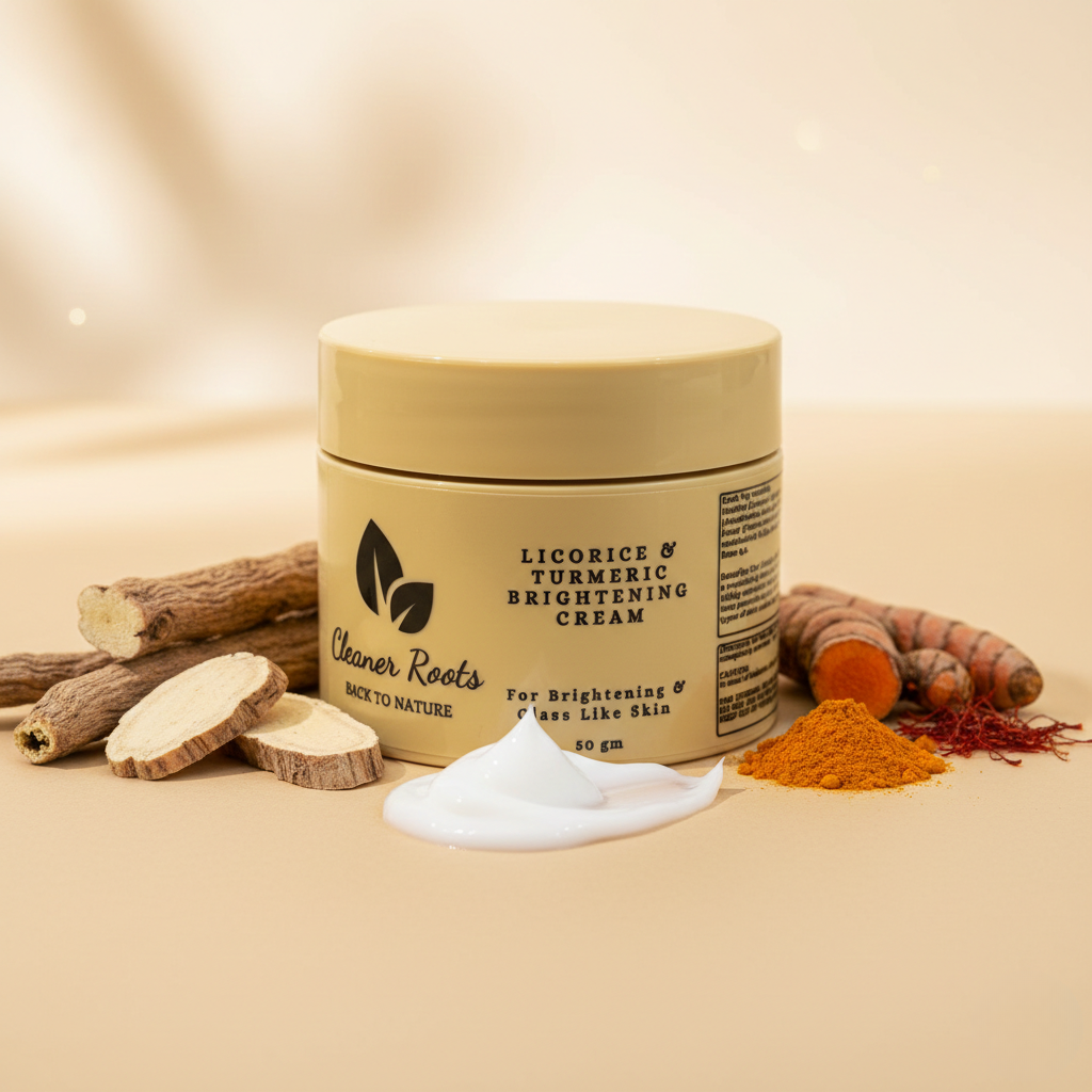 Jar of Licorice & Turmeric Brightening Cream with ingredients on a beige background