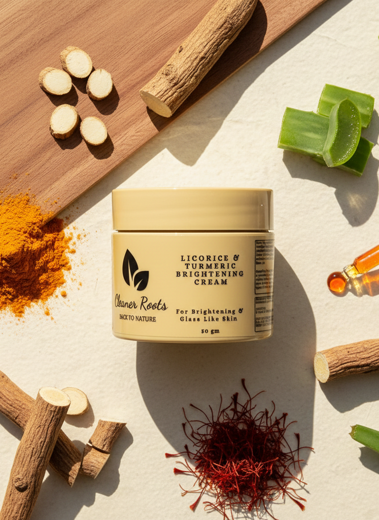 Jar of licorice and turmeric brightening cream surrounded by natural ingredients on a wooden board.