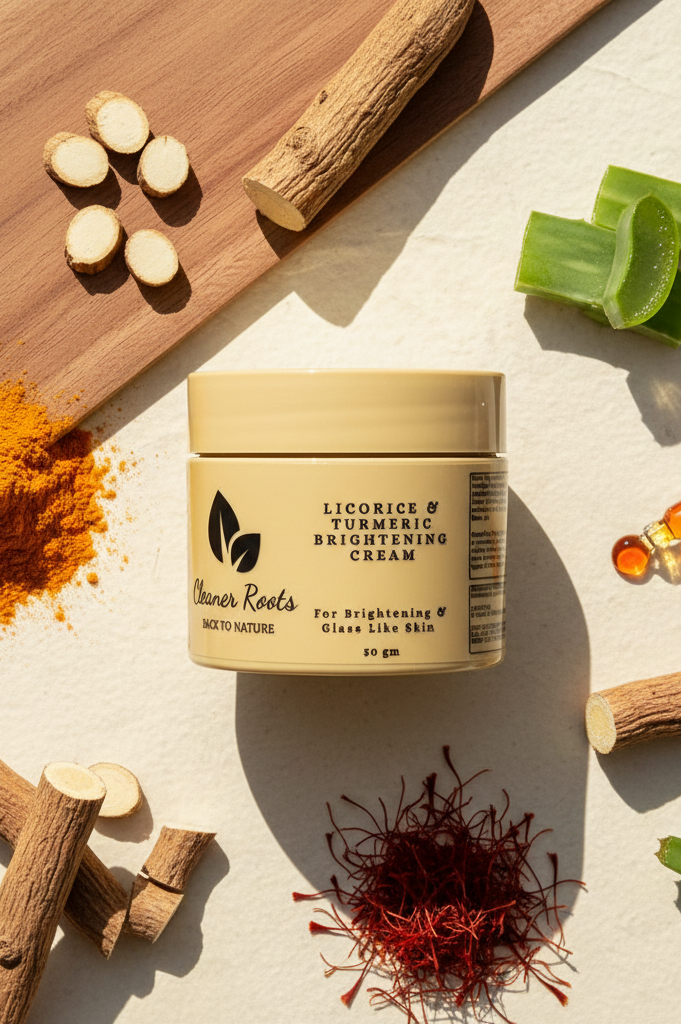 Jar of licorice and turmeric brightening cream surrounded by natural ingredients on a wooden board.