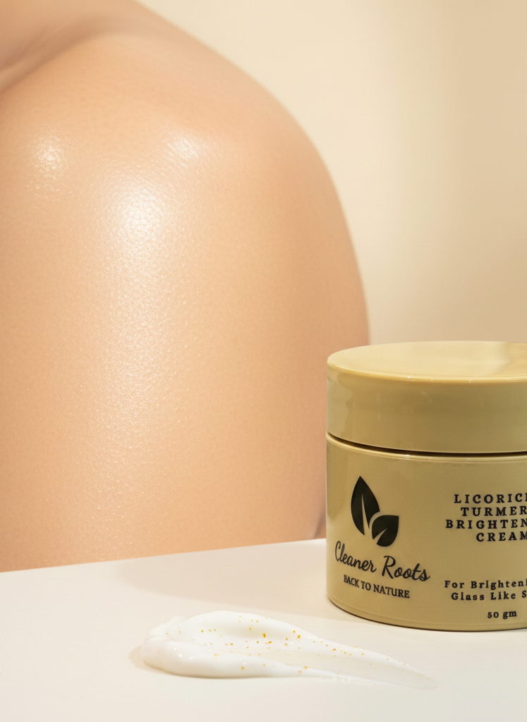 Jar of 'Cleaner Roots' licorice and turmeric brightening cream on a neutral background