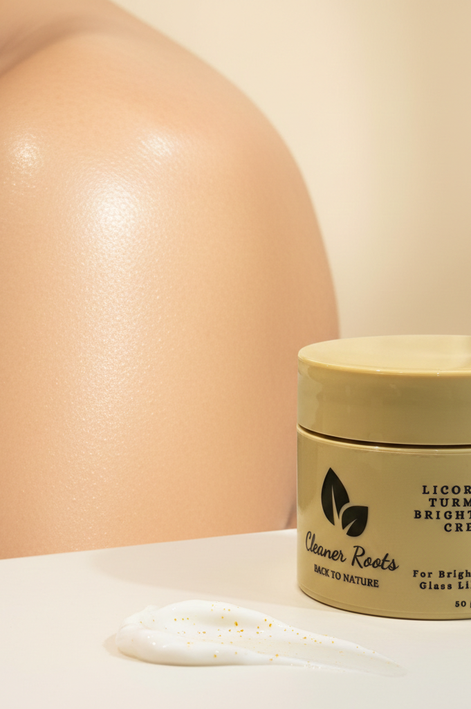 Jar of 'Cleaner Roots' licorice and turmeric brightening cream on a neutral background