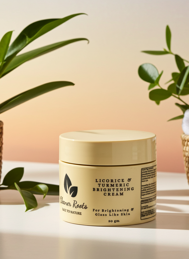 Jar of licorice and turmeric brightening cream on a table with plants in the background