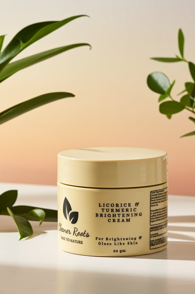 Jar of licorice and turmeric brightening cream on a table with plants in the background
