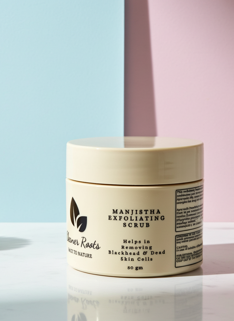 Manjistha Exfoliating Scrub jar with a brush on a light surface against a pastel background