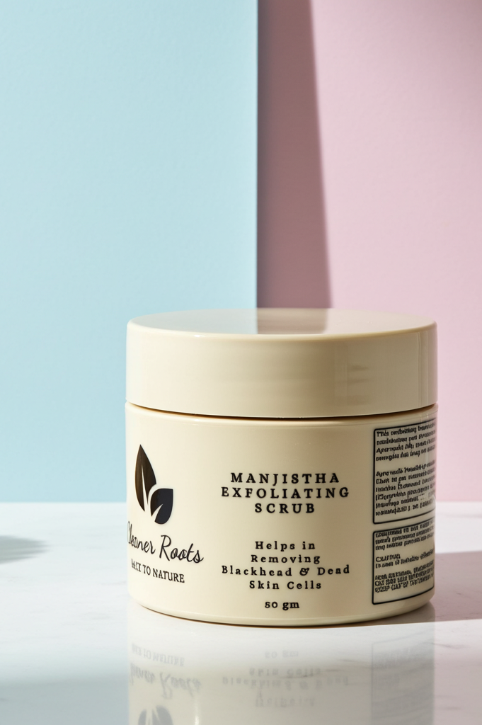 Manjistha Exfoliating Scrub jar with a brush on a light surface against a pastel background
